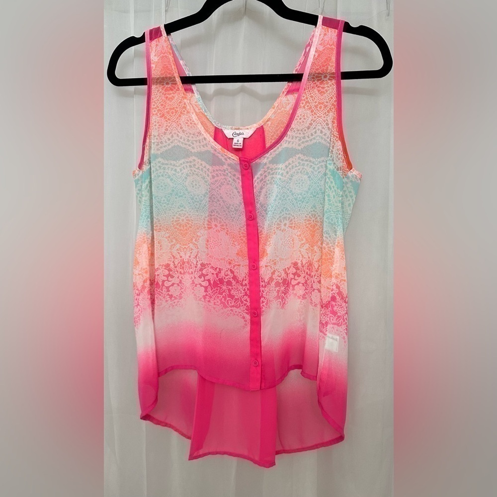 1-Candie’s brand Women’s Small sheer colorful tank top with button detail front
